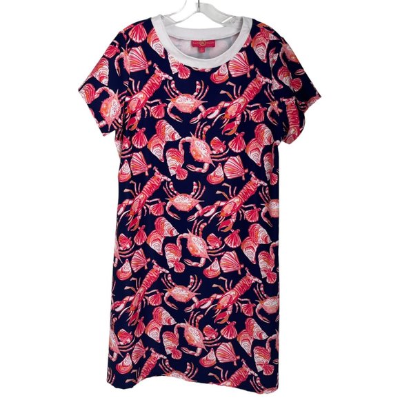 Kaeli Smith Navy Blue Red Pink Crab Lobster Short Sleeve Dress Women's Large L - Picture 1 of 10